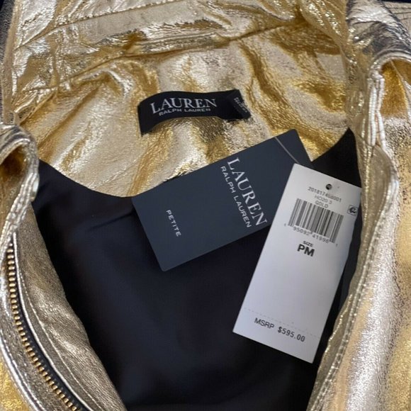 Ralph Lauren Gold Metallic Genuine Leather Bomber Jacket Women's Size P-Large - Picture 9 of 11